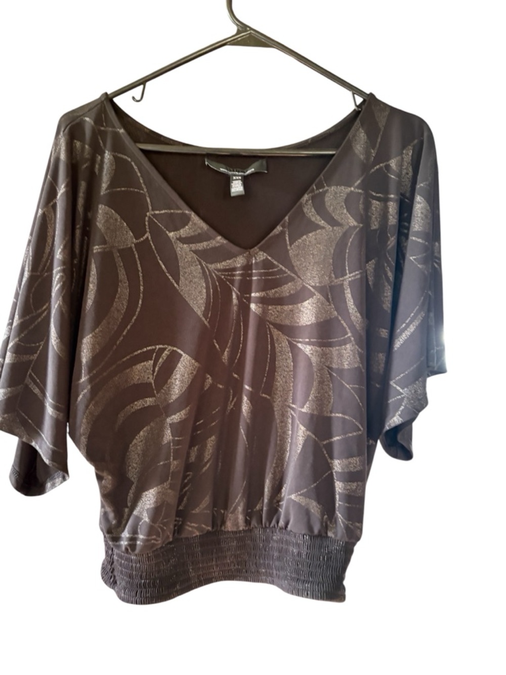 White House Black Market Black V-Neck Metallic Pattern Tunic
